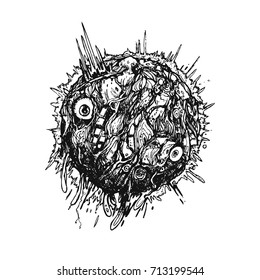 Crazy abstract monster planet. Strange sphere with streams of mucus and eyes. Can be used for tattoo, shirt prints or your design. 