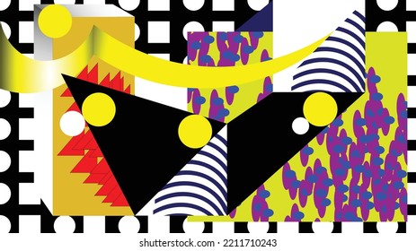 Crazy abstract vector wallpaper. Saturated bold colors. Geometric shapes placed in the surface in high contrast. Geometric patterns. Various object fillings. Funky style.