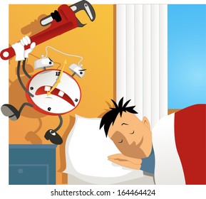 Crazy alarm clock hitting a sleeping man with a wrench, vector illustration