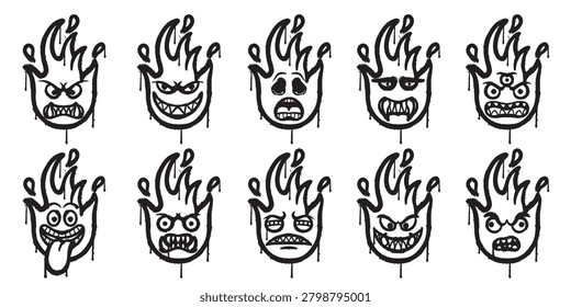Crazy and Angry Fire Face Graffiti Style 10 in 1 graffiti Spray Paint Fire Monster Vector Streetwear Distro