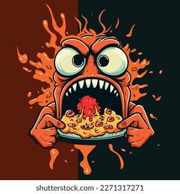 Crazy and angry hamburger. Funny cartoon, cheerful colorful vector illustration of a hamburger. Dynamics and energy.
