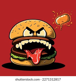 Crazy and angry hamburger. Funny and cheerful colorful vector illustration of a hamburger. Dynamics and energy. Hamburger on a red background.