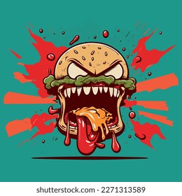 Crazy and angry hamburger. Funny and cheerful colorful vector illustration of a hamburger. Dynamics and energy.