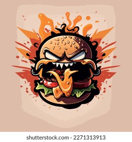 Crazy and angry hamburger. Funny and cheerful colorful vector illustration of a hamburger. Dynamics and energy.