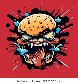 Crazy and angry hamburger. Funny and cheerful colorful vector illustration of a hamburger. Dynamics and energy. Hamburger on a red background.