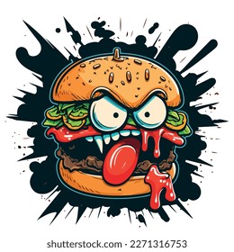 Crazy and angry hamburger. Funny and cheerful colorful vector illustration of a hamburger. Dynamics and energy. Hamburger on a white background.