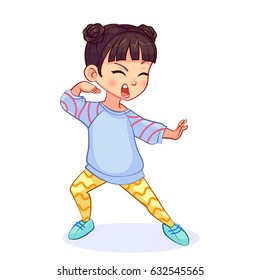 Crazy Asian Karate Girl Stands In The Fighting Stance, Funny Vector Isolated Illustration.