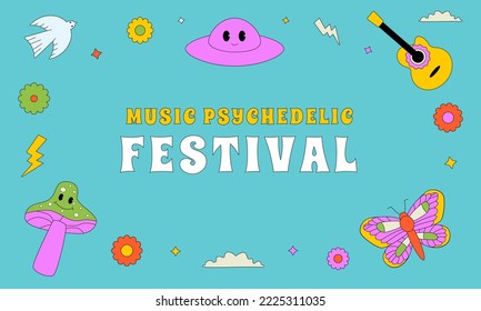 Crazy background design for a musical psychedelic festival, illustrated with bright outlined figures.