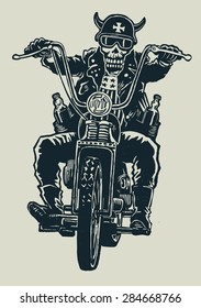 crazy biker skull in motorcycle glasses, helmet with horns. biker symbol. engraving style. vector illustration.