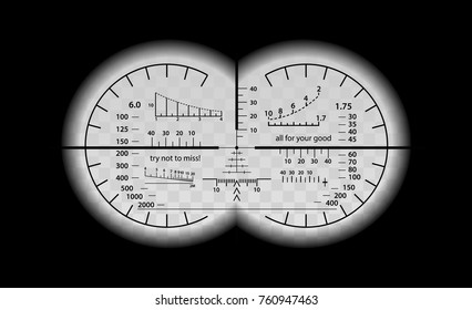 Crazy binocular scale set. Military fun vector illustration. Humour view in optical sight weapon. Circles frame with blurred edge of twin lenses. Graduated reticle cross hair measuring range finder.