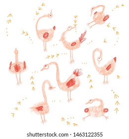 Crazy birds hand drawing set in pimk and orange color for children