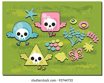 Crazy birds set. Vector illustration with skulls and flora.