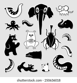 Crazy bizarre animal characters. Vector set of black and white stickers.