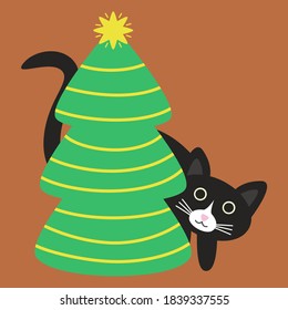 Crazy black cat and Christmas tree. Christmas card. Doodle vector illustration.