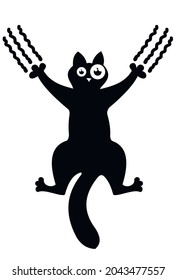 Crazy black cat hanging with claws. Spectacular black cat T-shirt and other clothing, long-sleeved shirts, hoodies, women's dresses and leggings. Vinyl cat stickers, Exclusive stickers for your comput