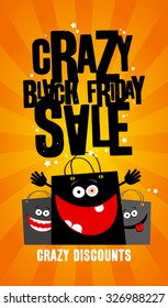Crazy black friday sale design with shopping bags.