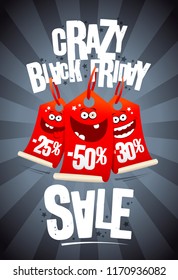 Crazy black friday sale poster concept with smiling crazy price tags