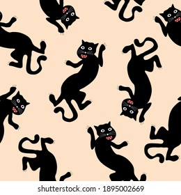 Crazy black panther with open mouth. Wild black panther japanese style. Seamless pattern.