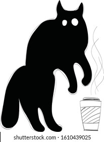 Crazy black vector cat stand on its hind legs. Meme's cat with coffee cup. Animal mad cat. Cat and coffee postcard illustration.