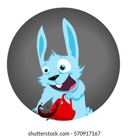 Crazy blue rabbit with a cup of coffee, looking out of the circle