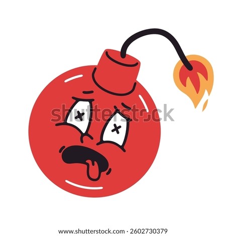 Crazy bomb character. Funny red bomb mascot, comic bombshell with burning wick flat vector illustration. Cartoon cute bomb with comical face emotions