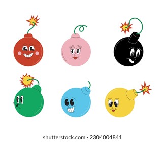 Crazy bomb, mascot character set. Doodle weapon sticker, dynamites with cute, funny faces, as examples of 50s, 60s old animation styles. Crazy mems of eyes and mouths. Sad, angry emotions.