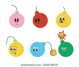 Crazy bomb, mascot character set.Crazy mems of eyes and mouths. Sad, angry emotions. Doodle weapon sticker, dynamites with cute, funny faces, as examples of 50s, 60s old animation styles. 