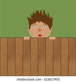 Crazy boy behind fence. Young male with hairstyle on wooden fence. Vector illustration