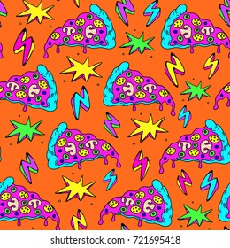 Crazy bright seamless pattern with pizza slices. Orange background.