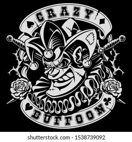 crazy buffoon with roses and daggers in ribbons vector illustration