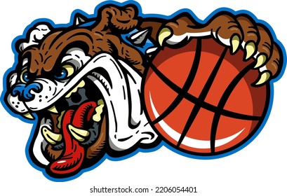 crazy bulldog mascot holding basketball in paw for school, college or league