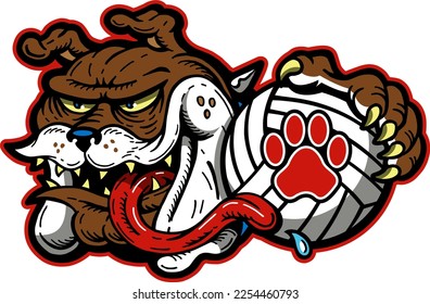  crazy bulldog mascot holding volleyball for school, college or league sports