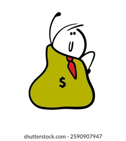 Crazy businessman got into a bag of money. Vector illustration of a man hiding in cash, took out a loan, robbed a bank. Isolated cartoon character on white background.