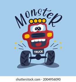 Crazy car monster truck, red color, with huge eyes. Print on clothes, dishes, testil. Vector illustration EPS10.