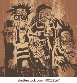 crazy carnival persons and grunge scratched background. vector illustration.