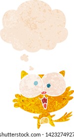 crazy cartoon cat with thought bubble in grunge distressed retro textured style
