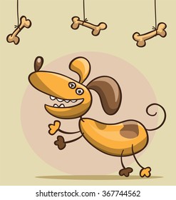 crazy cartoon dog jumping to the bones, vector illustration