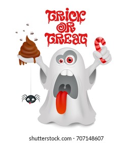 Crazy cartoon ghost character. Trick or treat concept card. Vector illustration