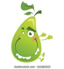 Crazy cartoon green pear fruit character jump with funny teeth and green bitten leaf 