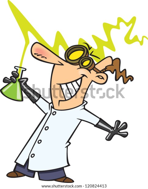 crazy cartoon mad scientist man with goggles and a\
beaker of liquid
