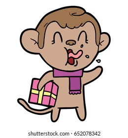 loco mono de caricatura con regalo de navidad