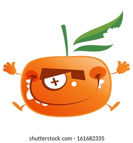 Crazy cartoon orange mandarin fruit character with green bitten leaf making a face and jumps