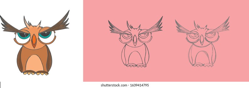 Crazy cartoon owl vector icon isolated on white background