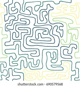 Crazy Cartoon Pattern. Seamless  Background with Scribbled Tangled Lines, Looking Like Labyrinth. Organic Hippie Style.