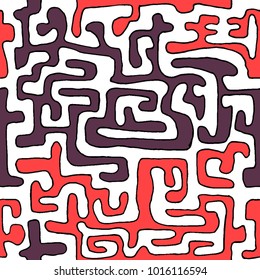 Crazy Cartoon Pattern. Seamless Graffiti Background with Scribbled Tangled Lines, Looking Like Labyrinth. Organic Hippie Style.