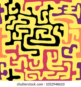 Crazy Cartoon Pattern. Seamless Graffiti Background with Scribbled Tangled Lines, Looking Like Labyrinth. Organic Hippie Style.