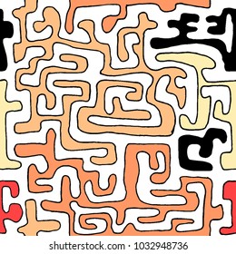 Crazy Cartoon Pattern. Seamless Graffiti Background with Scribbled Tangled Lines, Looking Like Labyrinth. Organic Hippie Style.