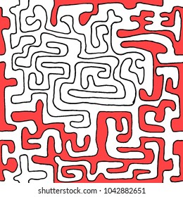 Crazy Cartoon Pattern. Seamless Graffiti Background with Scribbled Tangled Lines, Looking Like Labyrinth. Organic Hippie Style.