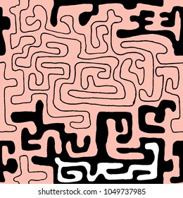 Crazy Cartoon Pattern. Seamless Graffiti Background with Scribbled Tangled Lines, Looking Like Labyrinth. Organic Hippie Style.