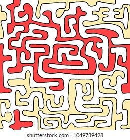 Crazy Cartoon Pattern. Seamless Graffiti Background with Scribbled Tangled Lines, Looking Like Labyrinth. Organic Hippie Style.